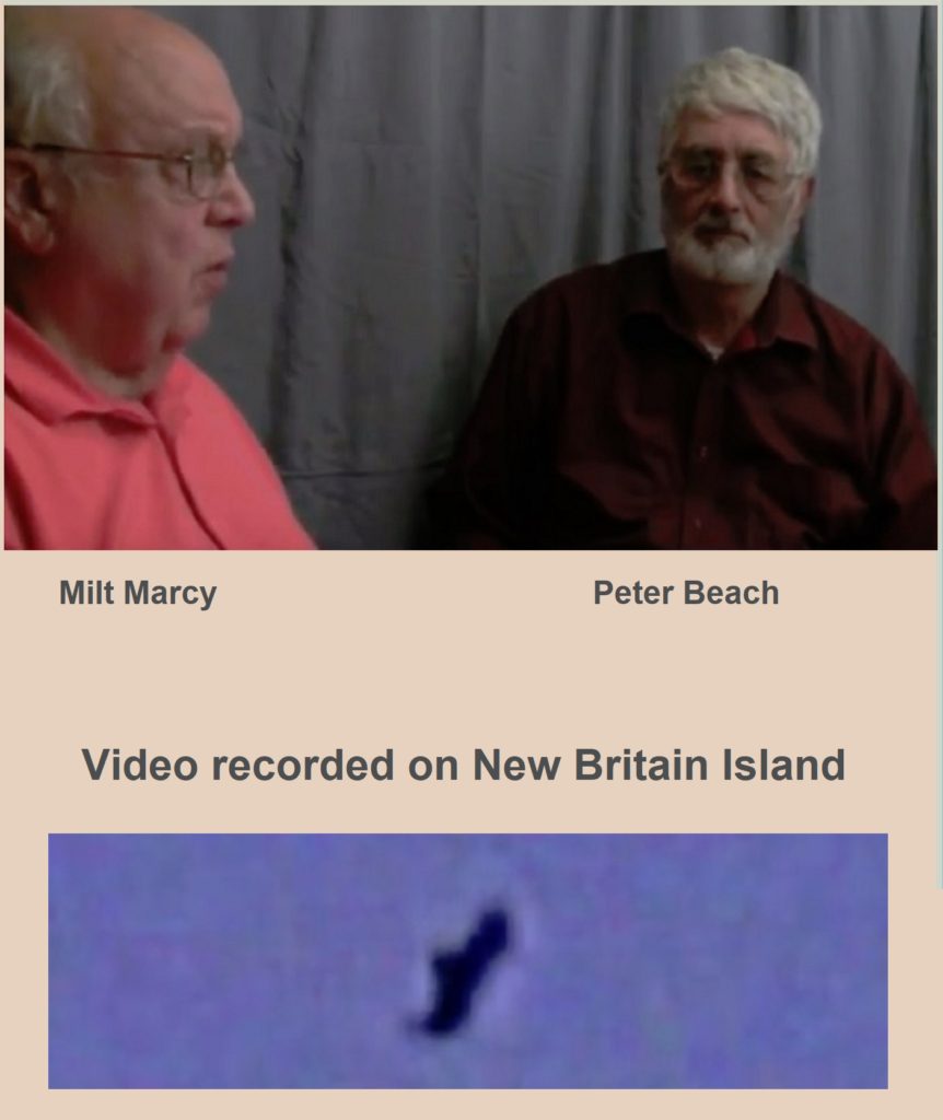 Two explorers (Milt Marcy & Peter Beach) and video image of a modern pterosaur